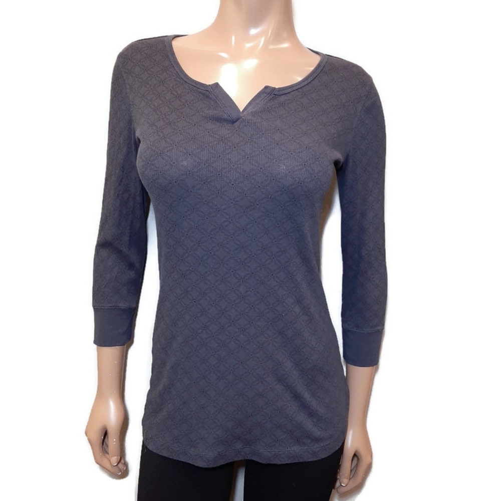 Joe Fresh Geometric Print Ribbed Split Neck Top 3/4 Sleeve Fitted Size Medium